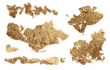 Beyaz arka planda izole edilmiş bronz renkte lekeli fırça darbesi lekesi resmi. Soyut altın yaprak parçalanmış doku.