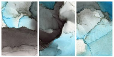 Soyut duman suluboya ve alkol mürekkebi boyama lekesini ayarla. Mavi arkaplan. Mermer dokusu.