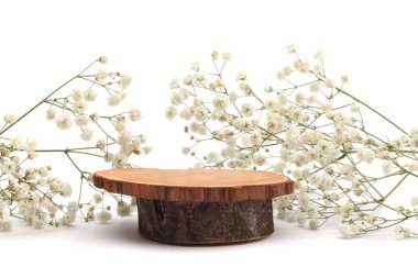 Tahta çember kütük platformu, beyaz arka planda çiçek dalı. En az boş ürün sunum sahnesi.