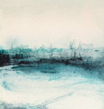 Mürekkepli suluboya el, arka planda ıslak tahıl kağıdı dokusu üzerine duman lekesi lekesi çizdi. Bej, mavi renkler.