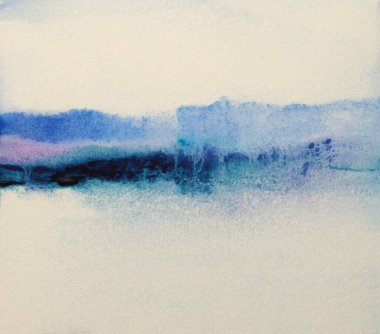 Mürekkepli suluboya el, dumanlı akış lekesi lekesi çizdi. Islak tahıl kağıt desenli arka planda manzara resmi çizdi. Bej, mavi, pastel renkler.