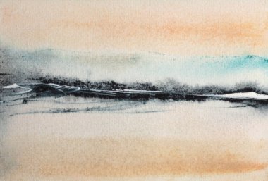 Mürekkepli suluboya el, dumanlı akış lekesi lekesi çizdi. Islak tahıl kağıt desenli arka planda manzara resmi çizdi. Bej, mavi, pastel renkler.