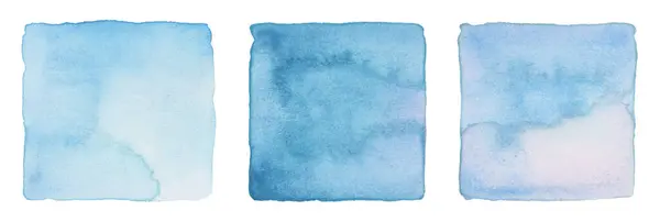 Stock image Ink watercolor hand drawn square stain blot. Wet blue pastel color paper texture background. Set.