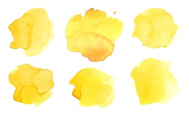 Mürekkep, suluboya el, damla lekesi. Beyaz arka planda ıslak sarı renkli kağıt dokusu lekesi. Ayarla.