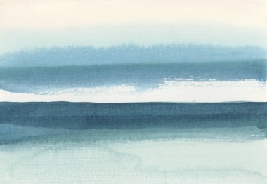 Mürekkepli suluboya el, ıslak kağıt desenli arka planda dumanlı lekeli manzara resmi çizdi. Paster bej, mavi renkler.