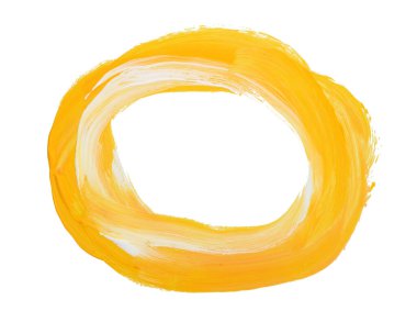 Sanat yağı ve akrilik leke oval şekil elementini boyuyor. Soyut doku sarı, turuncu renk fırça izi beyaz arkaplanda izole edilmiş..