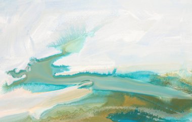 Mürekkep suluboya, akrilik el duman akışı lekesi lekesi peyzajı ıslak kağıt dokuyu boyuyor. Mavi, bej rengi.