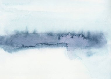 Mürekkepli suluboya el, ıslak kağıt dokusu arka planına duman lekesi lekesi dalga manzarası çizdi. Mavi, bej, beyaz.