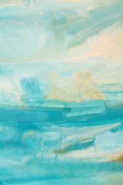 Mürekkep suluboya, akrilik el duman akışı lekesi lekesi peyzajı ıslak kağıt dokuyu boyuyor. Mavi, bej rengi.