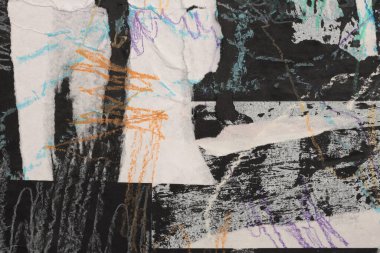 Yırtık, yırtık kağıt parçaları kolajı. Sanat akrilik fırça darbesi lekesi boyama duvarı. Soyut doku arkaplanı.