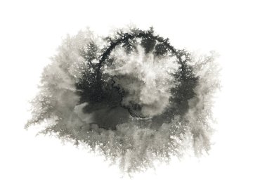 Smoke Black Grunge Ink fırça darbesi boya çemberi damla çerçeve. Beyaz arkaplanda soyut karşıtlık grunge lekesi.