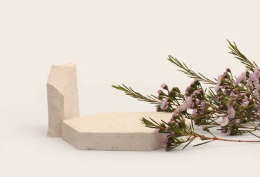 White Stones platformu podyumu, bej ışıklı arka planda pembe çiçek. En az boş ürün sunum sahnesi.