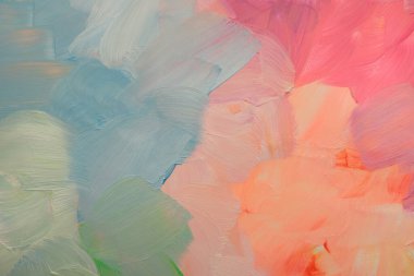 Sanat yağı, akrilik lekeli fırça darbeleri duvar boyası. Soyut doku pembe, turuncu, mavi pastel nötr renk arkaplanı.