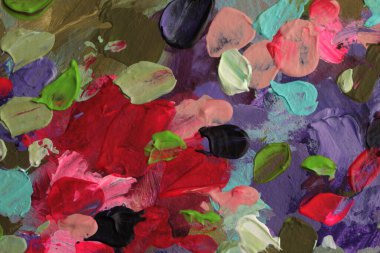 Sanat yağı, akrilik lekeli fırça darbesi çiçek boyama duvarı. Soyut doku kırmızı, pembe, mor parlak renk arkaplanı.