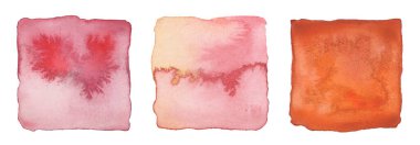 Ink watercolor hand drawn square flow painting blot. Wet red, pink pastel color texture stain on white background. Set. clipart