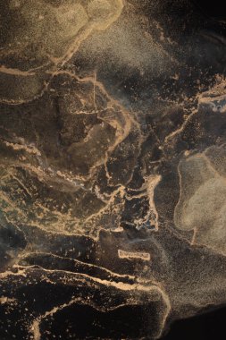 Parlak altın bronz parıltılı tahıl dokusu nokta lekesi boyası. Siyah arkaplanda soyut ışıklandırma lekesi.