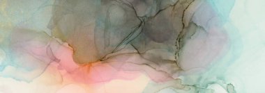 Sanat eseri alkol mürekkebi, suluboya elle çizilmiş bulut lekesi. Soyut pastel renk lekesi yatay uzun arkaplan.