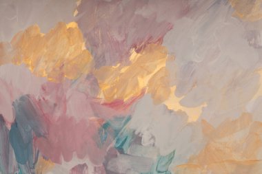Sanat yağı ve akrilik fırça darbesi lekeli boya duvarı. Soyut doku altın, bej, pastel renk arkaplanı.
