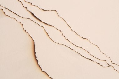 Yanmış, yırtılmış kağıt parçaları dalga çizgileri. Bej, kahverengi kopyalama alanı dokusu duvar arkaplanı