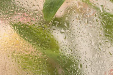 Yumuşak odaklı pembe çiçek, yeşil yapraklı ıslak su damlaları. Soyut doğa bulanık bej arkaplan.