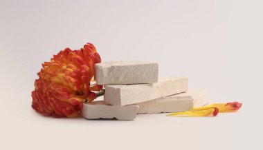 White Stones platform podyumu, kırmızı çiçek, bej renkli graynlight arka planda taç yaprağı. En az boş ürün sunum sahnesi.