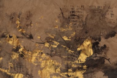 Bej, kahverengi, altın rengi grunge mürekkep, suluboya fırça, boya lekesi. Islak bej kağıt arka planda soyut grunge lekesi.