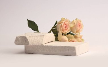 White Stones platformu podyumu, gri ışıklı tarafsız arka planda bej renkli gül buketi. Ürün sunum sahnesi için en az boş temel.