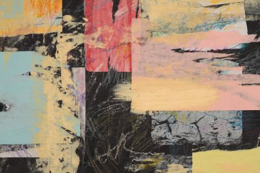 Yırtık, yırtık kağıt parçaları çatlak çerçeve. Siyah, bej, kırmızı grunge kopyalama alanı dokusu kolajı arka planı.