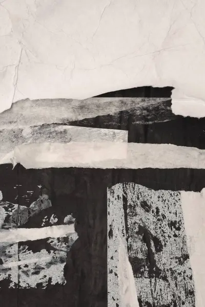 Yırtık, yırtık kağıt parçaları, çatlak bant posteri. Siyah, bej beyaz kopya alanı dokusu ufalanır arkaplan.