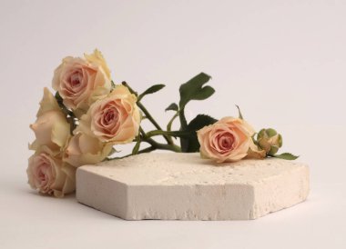 Stones platformu podyumu, gri neuyral arka planda bej kremalı gül çiçeği buketi. Ürün sunum sahnesi için en az boş temel.