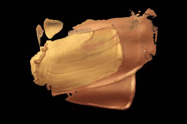 Sanat yağı, akrilik leke şekli elementi. Soyut krem rahatlama dokusu altın, siyah arkaplanda bronz fırça darbesi lekesi.