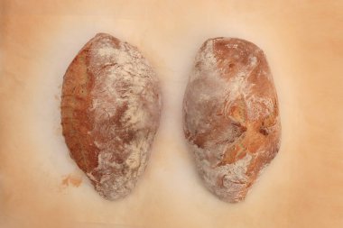 Bej arka planda taze ev yapımı Ciabatta Fırınlanmış Ekmek. Üst görünüm.