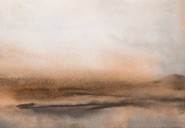 Mürekkepli suluboya el ıslak kağıt kirli tahıl dokusu zeminine duman lekesi lekesi çizdi. Bej, kahverengi renkler.