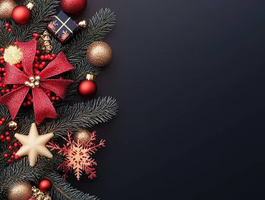 Noel ağacı dalları ve kırmızı süslemeler