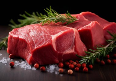 Siyah arka planda otlu taze çiğ biftek.