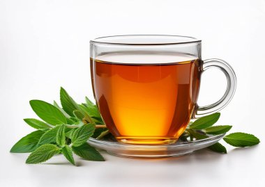 Beyaz arka planda bir bardak taze yeşil çay