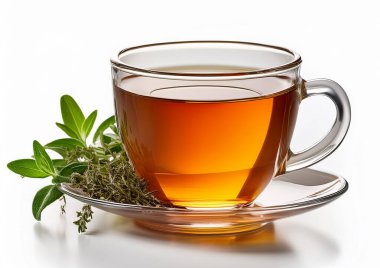 Beyaz zemin üzerinde yeşil çay olan bir bardak sıcak çay.