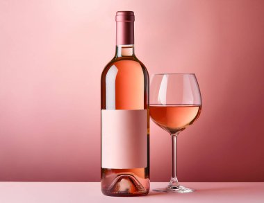 Pembe arka planda bir şişe gül şarabı ve cam. Metnin için boşluk kopyala.