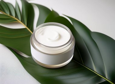 Beyaz arka planda doğal kozmetik kavanozu, düz görünüm