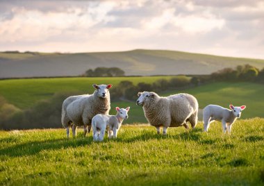 Bir koyun sürüsü otlakta, İngiltere, İngiltere.