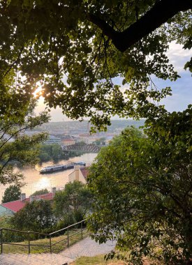 view from the hill in the city of the capital of the state of the most beautiful landscape. the beautiful sunset in the city of the state of Prague. View on the Vltava river 