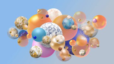 3D rengarenk dekoratif topları güzellik ve moda ürünleri sunumu ya da iş sunumları için hazırlıyor. Broşürler, broşürler, dergiler ve web için simetrik desenli soyut tasarım