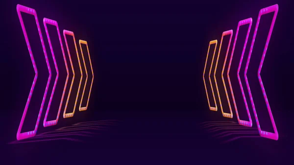 3d rendering led neon platform scene with arrows pointing to the centre of gradient orange colour. Space equipment concept and cyber monday