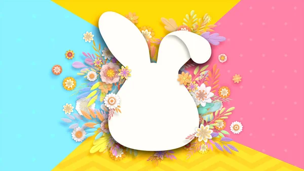 3d rendering holiday Easter animation with free copy space. Poster with flowers and leaves. Easter happy family holiday animation