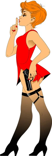 Chica Vestido Rojo Con Una Pistola Negra Ilustración Vector — Foto de Stock
