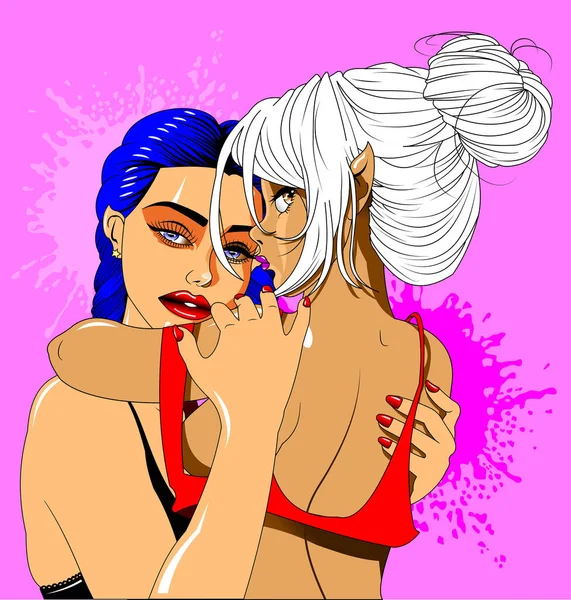Lesbian Couple Kiss Embrace Together Vector Girls Lesbian Couple Kissing — Stock Photo, Image