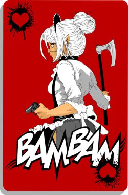 Siyah silahlı hizmetçi kostümlü kadın, illüstrasyon ve vektör.