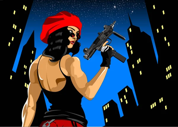 Woman Red Beret Automatic Uzi Vector Illustration — Stock Vector