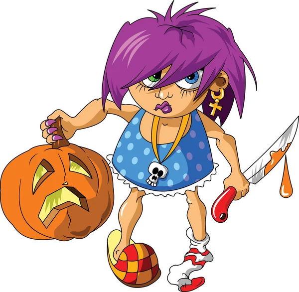 Little Angry Girl Pumpkin Knife Vector Illustratio — Stock Vector