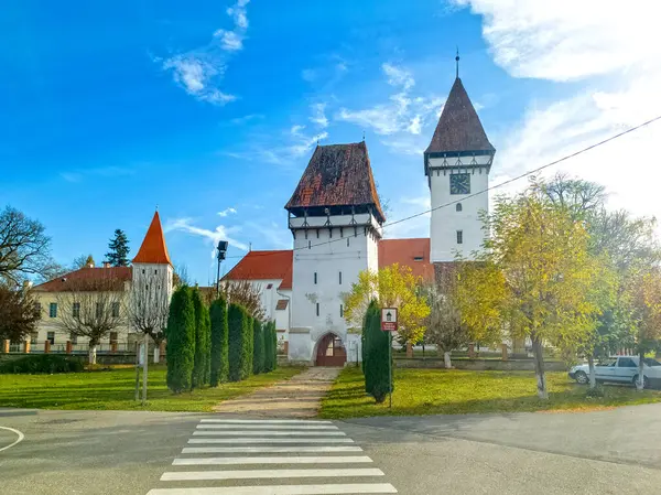 Versterkte Kerk Agnita Stad Sibiu Provincie Transsylvanië Roemenië Stockafbeelding